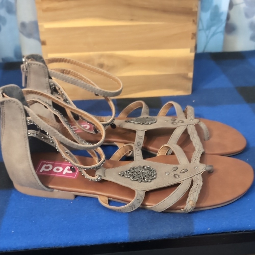 pop Taupe Braided T-Strap Embellished Sandals - Picture 3 of 6